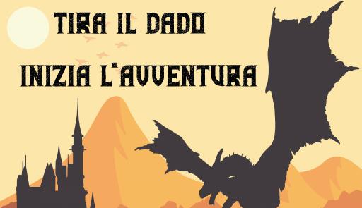 Evento ludico-didattico - Tira il dado, inizia l'avventura Illustrazione di un drago che vola verso un castello con titolo dell'evento "Tira il dado inizia l'avventura"