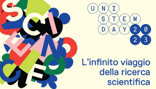 Immagine con lettere della scritta science e forme geometriche e titolo dell'evento 'Unistem day 2023'