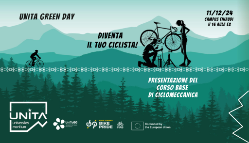 Titolo dell'evento su sfondo colorato, profili di figure umane che vanno in bici e riparano una bici