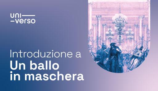 Grafica con sfodo lilla con scritte bianche in alto e in basso a sinistra e immagine di un ballo in un salone regale