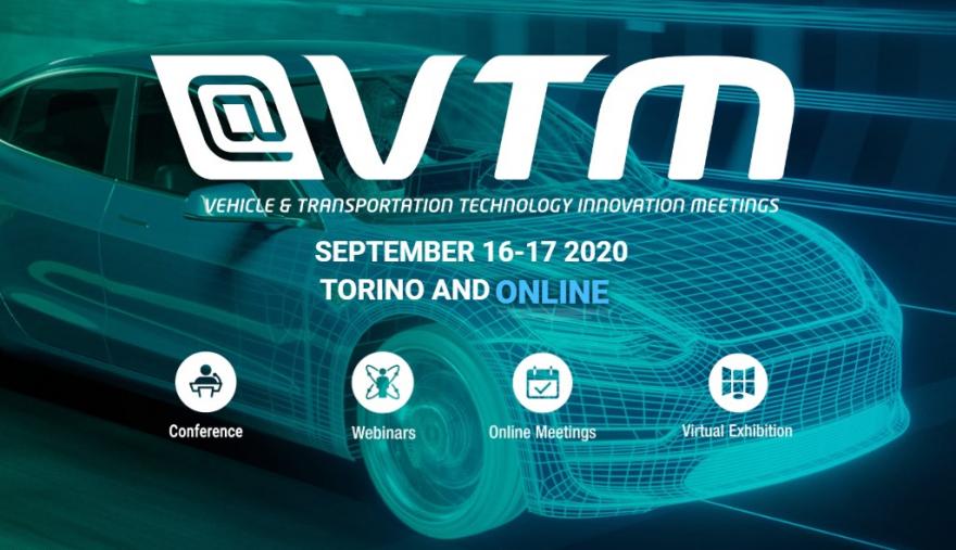 VTM La sagoma di un'auto futuristica e il logo VTM