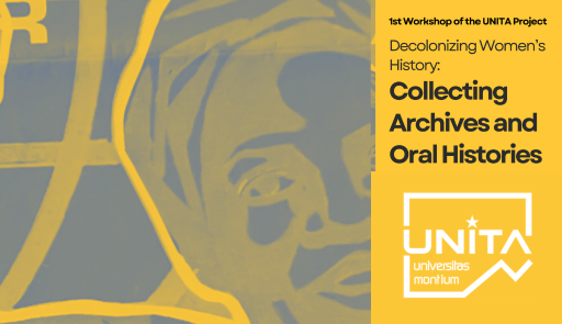 Decolonizzare la storia delle donne: raccolta di archivi e storie orali Titolo dell'evento su sfondo colorato