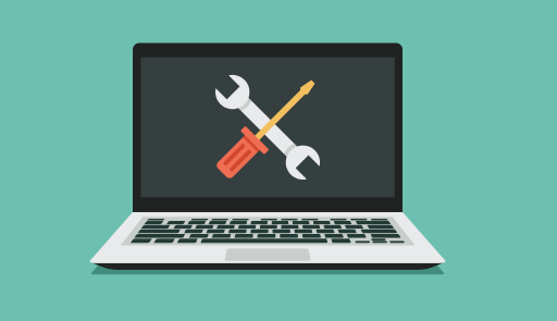 Illustrazione di un computer portatile con attrezzi da lavoro