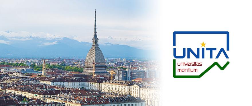 UNITA - Universitas montium Veduta aerea di Torino con logo del consorzio UNITA