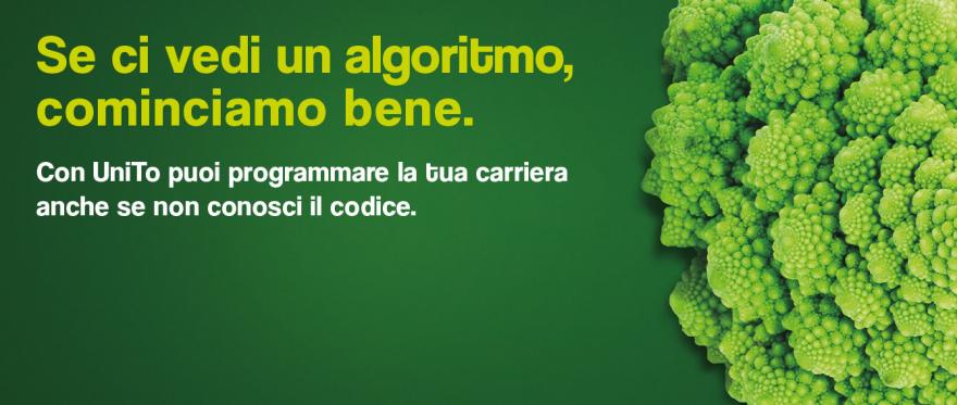 Immatricolazioni a.a. 2020-21 Immagine di un broccolo romano con scritta: "Se ci vedi un algoritmo, cominciamo bene. Immatricolazioni 2020-2021"