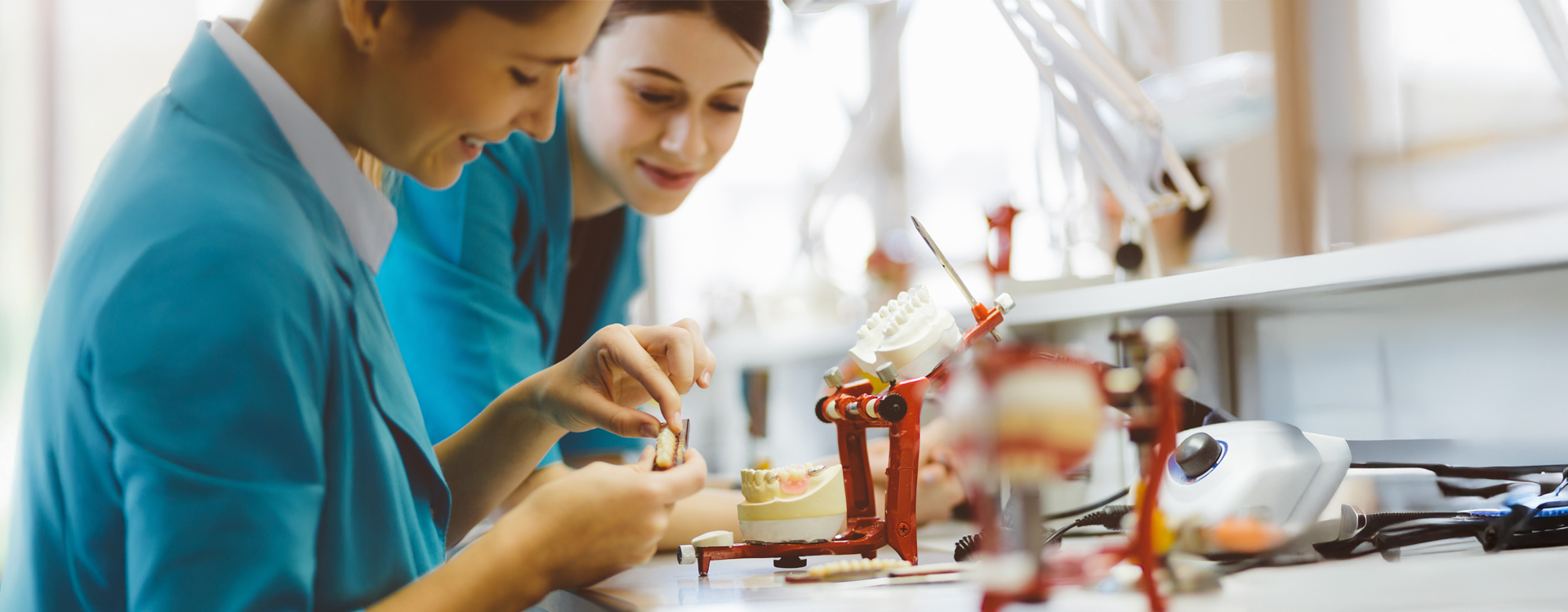Due studentesse lavorano su una protesi dentaria