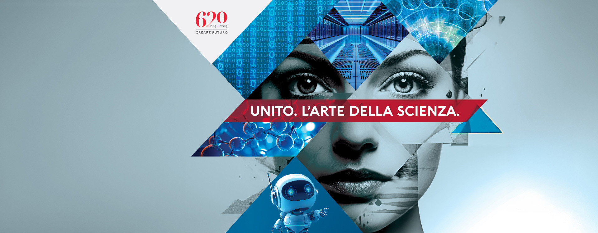 Immagine decorativa: volto stilizzato di donna e testo: Unito. L'arte della scienza.