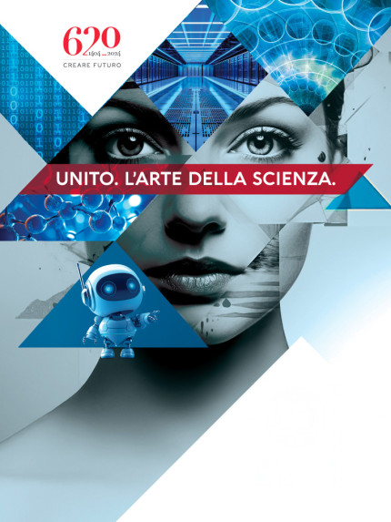 Immagine decorativa: volto stilizzato di donna e testo: Unito. L'arte della scienza.