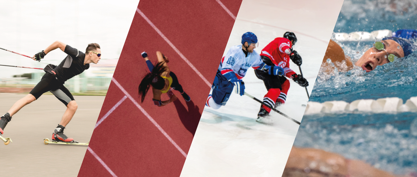 Slide realizzata con varie immagini di atleti: uno in azione sugli skiroll, una ragazza che corre in pista di atletica, due giocatori di hockey sulla pista di ghiaccio e una ragazza che nuota in piscina
