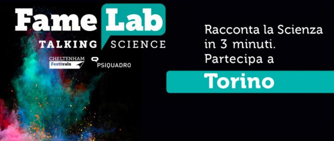 Immagine con la scritta "Racconta la Scienza in 3 minuti. Partecipa a Torino"