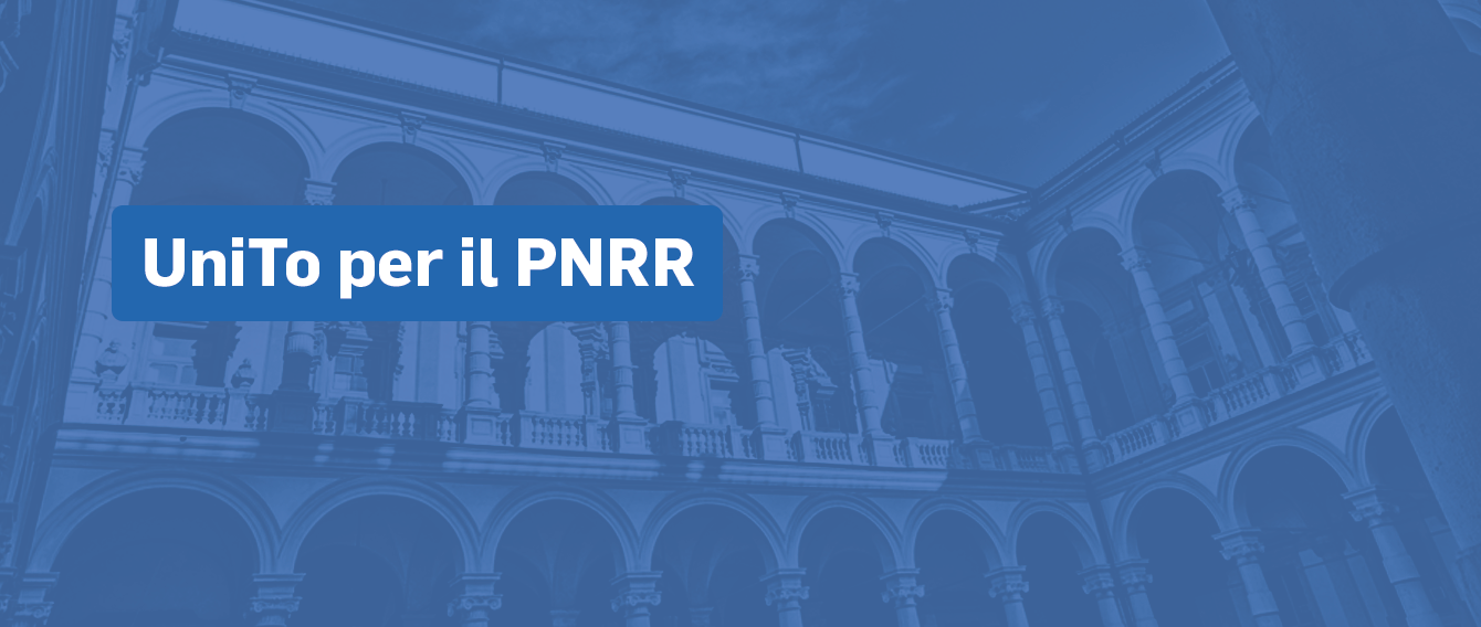 immagine del loggiato del Palazzo Rettorato con la scritta UniTo per il PNRR c