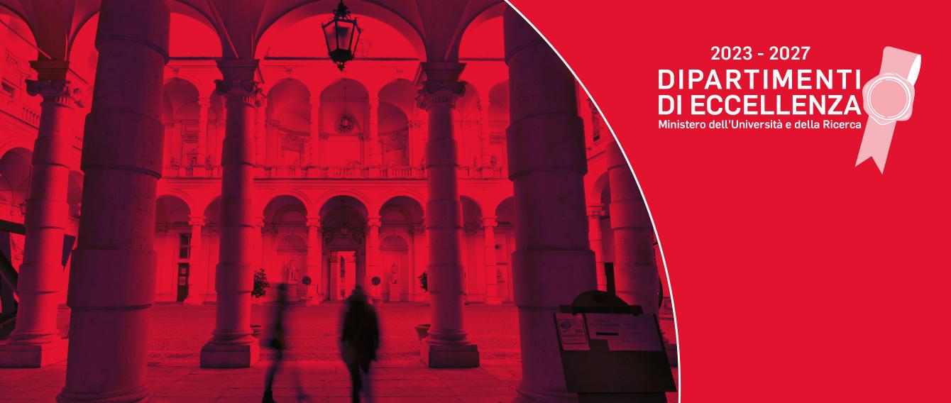 immagine del cortile del Palazzo del Rettorato su sfondo rosso