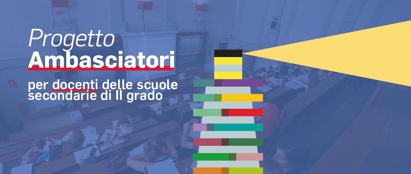 Faro stilizzato su sfondo colorato e titolo: Progetto Ambasciatori e altre iniziative dedicate ai docenti delle scuole secondarie di secondo grado