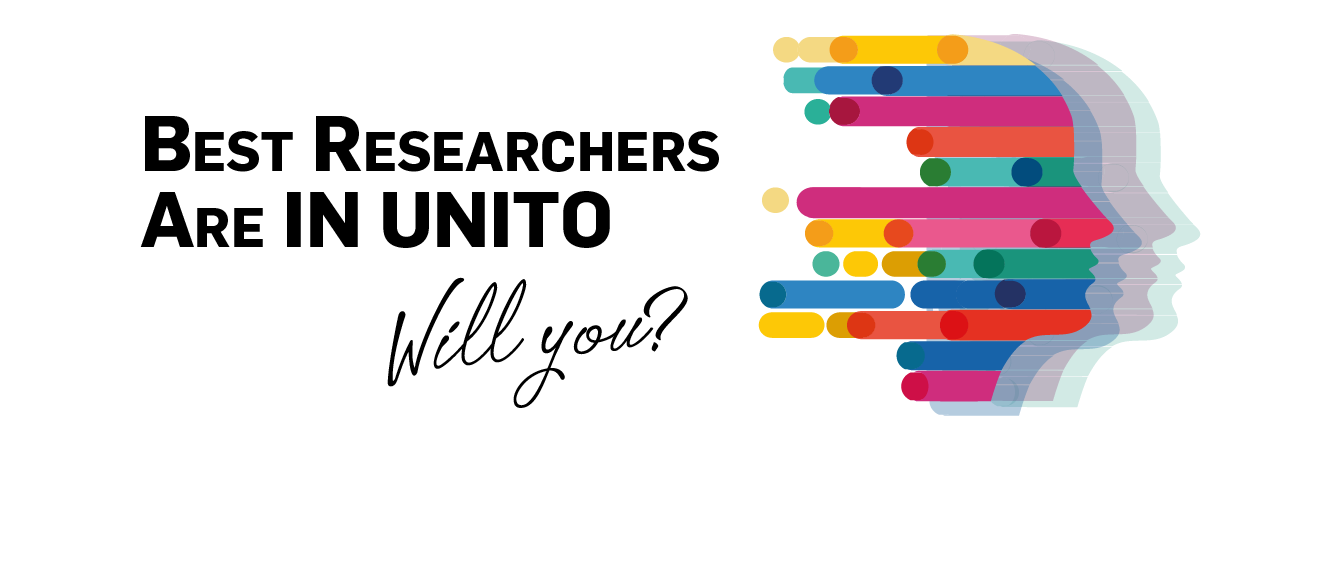 grafica del profilo di una donna colorato, frase: best researchers are in unito, will you?