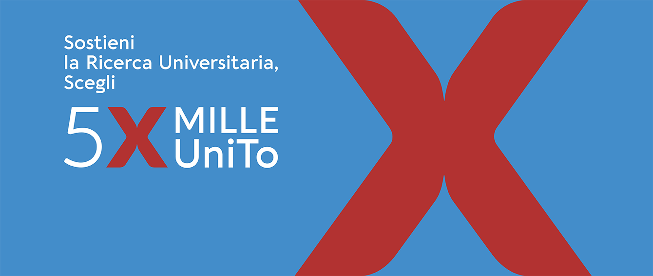 Frase: "Sostieni la Ricerca Universitaria, scegli 5 x mille x unito" su sfondo colorato