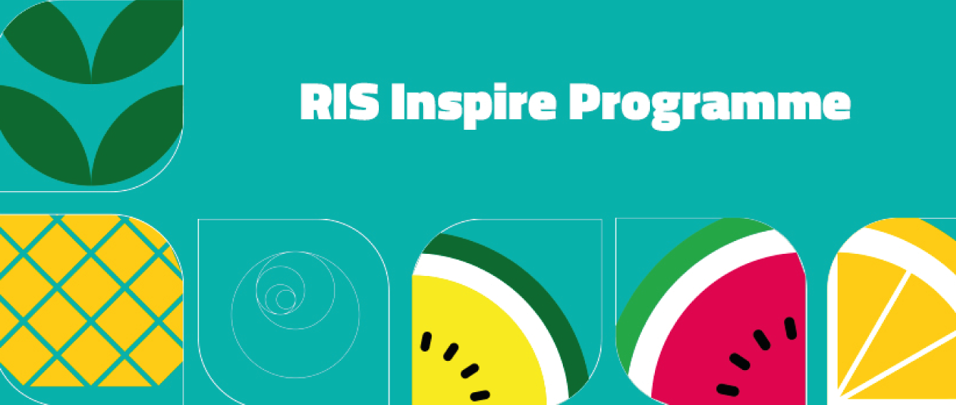 Grafica astratta con frutti in forme geometriche e scritta 'RIS Inspire Programme'