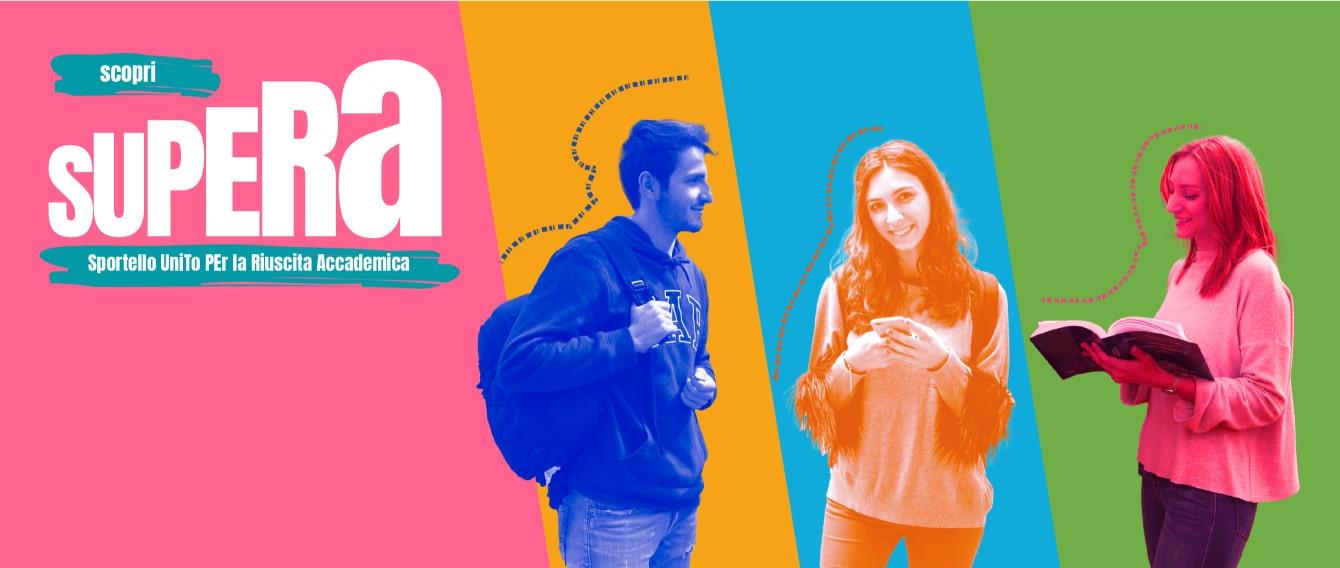 titolo del servizio su sfondo colorato, foto di due ragazze e un ragazzo, sorridono
