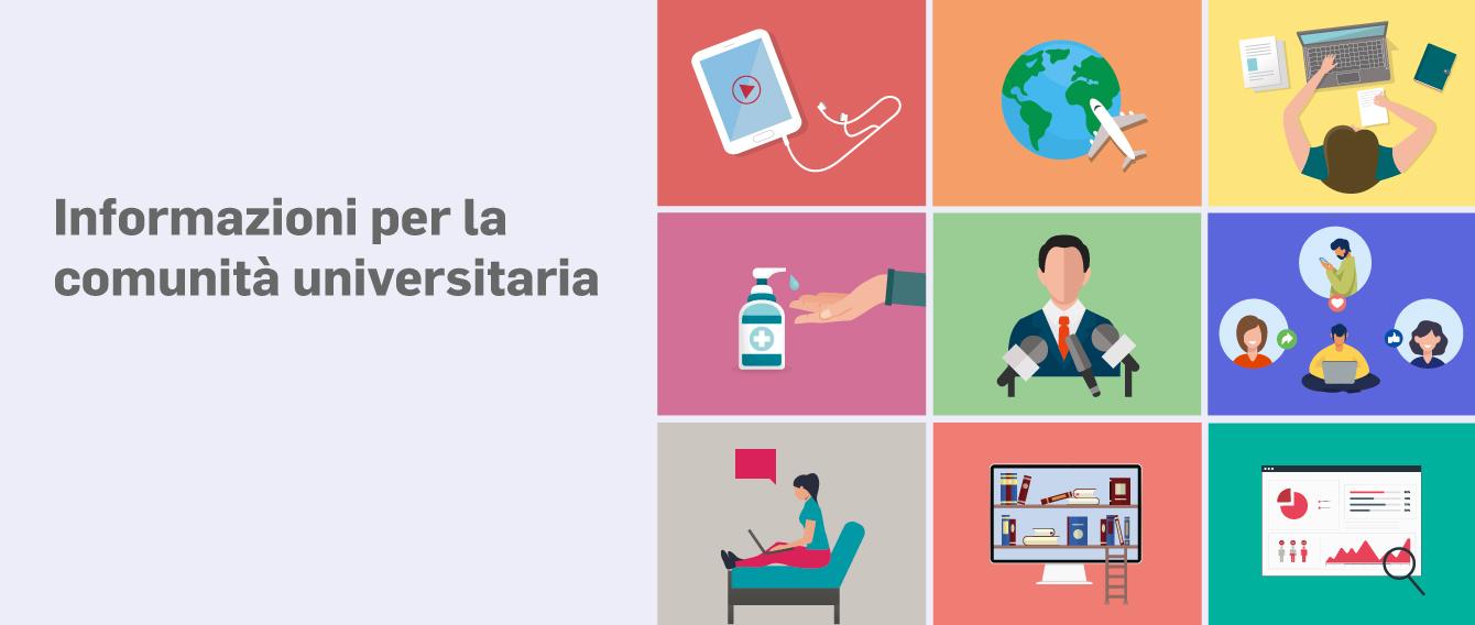 Grafica con icone per le varie sezioni degli aggiornamenti sul tema Coronavirus
