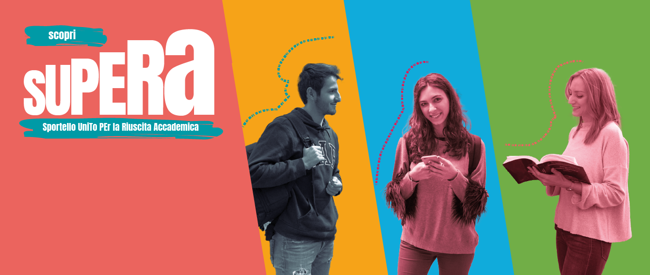 Tre studenti su sfondi colorati diversi con scritta progetto Supera 