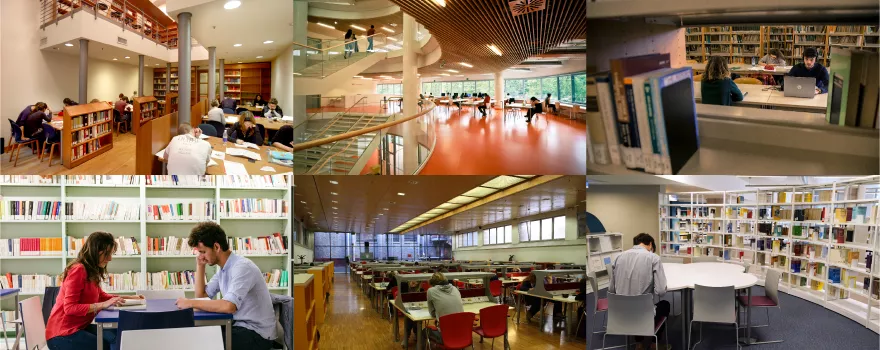 4 foto affiancate l'una all'altra con 4 interni delle biblioteche di Unito