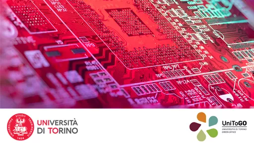 Icona progetto Ri-Uso con loghi di UniTo e UniTo Green e l'immagine di una scheda di un processore