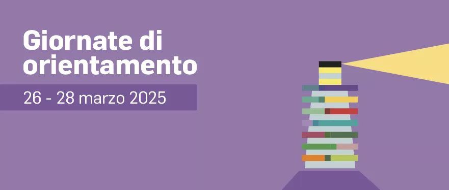 Faro stilizzato su sfondo colorato e titolo: Giornate di Orientamento 2025