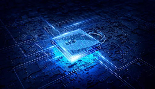 iStock / Getty Images Plus / frk Icona grafica con un lucchetto e scheda elettronica che simboleggia la sicurezza informatica