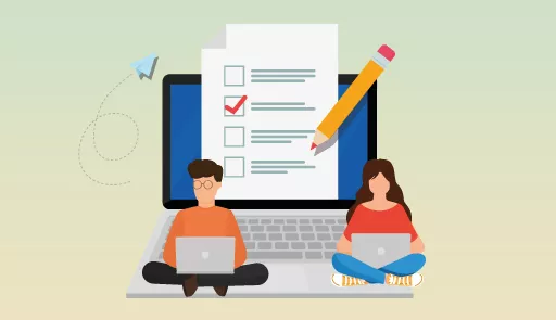 Figure stilizzate di un uomo e una donna, scrivono su un pc portatile, sullo sfondo la pagina di un test