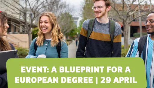 Fotografia di studenti universitari e titolo dell'evento 'A blueprint for a european degree'