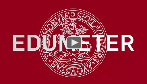 Logo dell'Università di Torino su sfondo rosso con scritta Edumeter al centro