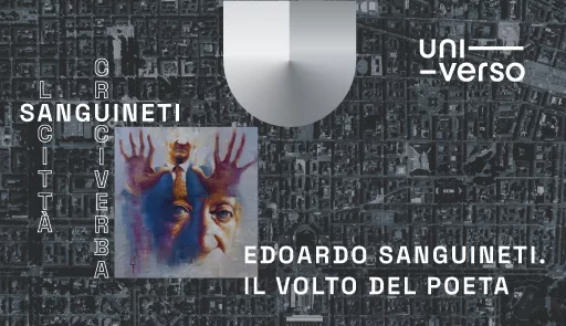 Edoardo Sanguineti. Il volto del poeta titolo dell'evento su sfondo colorato