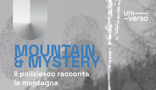 Fotografia di una montagna con impronte e titolo dell'evento Mountain and Mystery