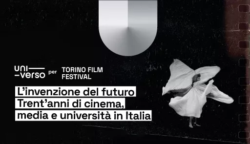 titolo dell'evento su fondo neo con immagina di una donna in abito bianco