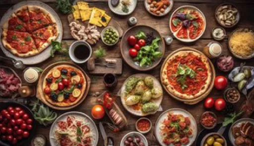 Diverse pietanze cotte e vegetali crudi, sono distribuite su un tavolo di legno
