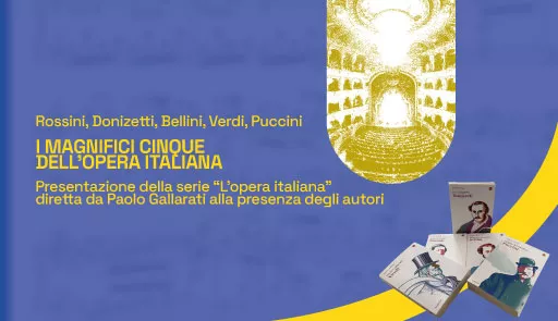 Foto stilizzata della platea del regio e di alcuni libri, sfondo colorato, titolo dell'evento