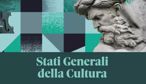 Titolo dell'evento su sfondo colorato, porzione di statua classica