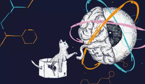 Illustrazione con sfondo scuro e al centro disegno di un gatto bianco in una scatola che cerca di toccare con la zampa un occhio futuristico