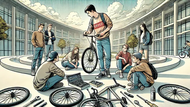 disegno di studenti e biciclette
