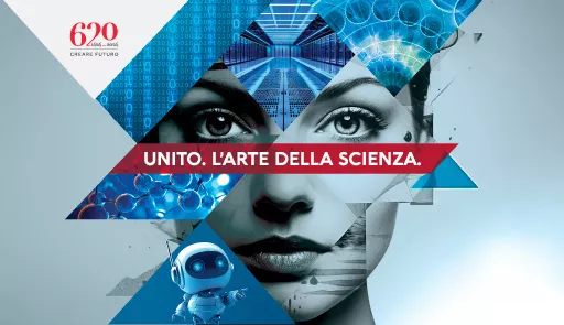 Immagine decorativa: volto stilizzato di una donna e testo: UNITO. L'ARTE DELLA SCIENZA