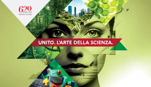 Immagine decorativa: volto stilizzato di una donna e testo: UNITO. L'ARTE DELLA SCIENZA
