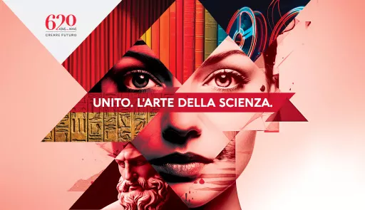 Immagine decorativa: volto stilizzato di una donna e testo: UNITO. L'ARTE DELLA SCIENZA