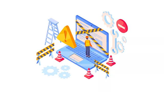 disegno di un pc portatile con segni stradali di lavori in corso