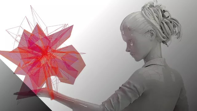 immagine decorativa che rappresenta una donna con una mano che guarda un elemento colorato
